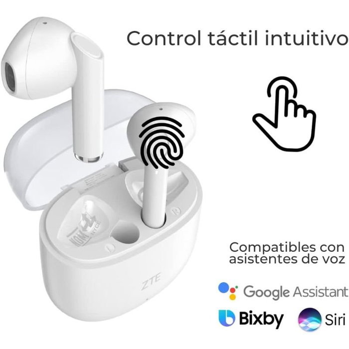 ZTE Buds 2 Auriculares Inalámbricos Bluetooth 5.3 con Estuche de Carga - 25 Horas de Autonomía, Resistencia al Agua IPX4, Control Táctil, Blancos - EB64G-W
